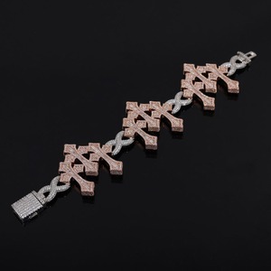 Hip Hop High Quality Full Paved Men Jewelry <b>Silver</b> Rose Two Tone Plated Triple Cross <b>Charm</b> Iced Out <b>Bracelet</b> - Product Image 1