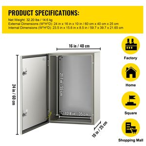 Armadio Elettrico in Acciaio NEMA 4X 24 X 16 X 10 FT IP67 Impermeabile e Antipolvere per Uso Esterno/Interno - Product Image 4
