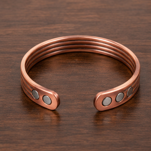 Handcrafted Three Line Solid Copper Wrist Bangle With Magnets Fashionable Metal Jewelry Exquisite Embossed Design - Product Image 1