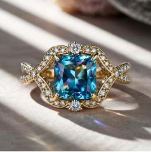 Anillo de compromiso y aniversario de boda con moissanita azul corte princesa en plata de ley 925 con engaste de puntas chapado en oro - Product Image 4