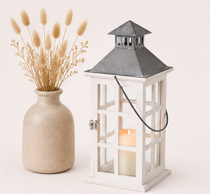<b>Bulk</b> Suppliers Farmhouse Decorative Lantern <b>Candle</b> Distressed White Wood & Metal Top for Wedding Centerpiece and Outdoor - Product Image 2