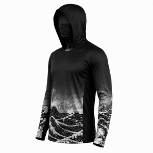 เสื้อเชิ้ตตกปลาผู้ชายสีดำมีฮู้ด แขนยาว พิมพ์ลายคลื่นด้วยเทคนิค Heat-Transfer น้ำหนัก 140 กรัม แห้งเร็ว UPF 50 ผลิตจากโพลีเอสเตอร์ สำหรับเล่นกีฬา - Product Image 4