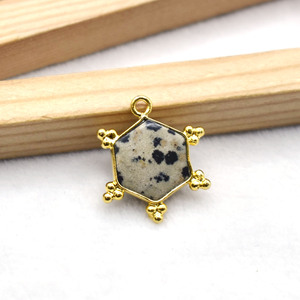 Dalmatian Jasper Hexagon Pendant 10mm Natural Gemstone <b>Charm</b> Gold Plated Bezel Connector Jewelry Making Supply - Product Image 2