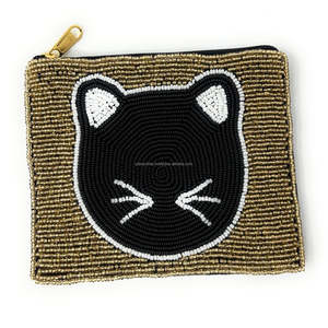 Vintagely Cute Cat Face Embroidered <b>Compact</b> Eco-Friendly Mini <b>Wallet</b> Gold Black Beaded Zipper Coin Pouch Soft Washable Gift for - Product Image 1