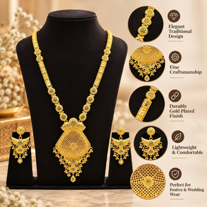 Heritage Traditional Necklace <b>Set</b> | 24K Gold Polish Copper Brass Long Pendant Earrings <b>set</b> | Indian <b>Bridal</b> Wedding <b>Jewelry</b> <b>Set</b> - Product Image 5