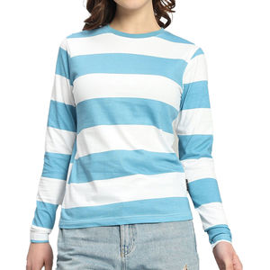 Camiseta de Punto a Rayas de Manga Larga para Adultos y Jóvenes, Cuello Redondo, Corte Regular, Diseño Azul y Blanco, Top Informal - Product Image 1