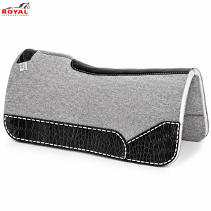 Almohadilla Premium para Silla de Montar Western, de Fieltro Gris, con Ribete de Cuero Texturizado de Cocodrilo Negro y Costuras Blancas en Contraste - Product Image 1