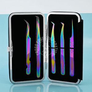 Pinzas de pestañas de acero inoxidable al por mayor para extensión de pestañas volumen pinzas de pestañas curvas con punta de fibra puntiaguda - Product Image 1