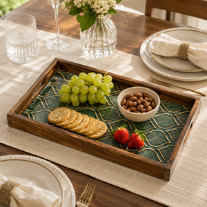 Plateau de service rectangulaire en bois et émail fait main de qualité supérieure, motif décoratif vert, plateau en bois pour le petit-déjeuner et le café - Product Image 4