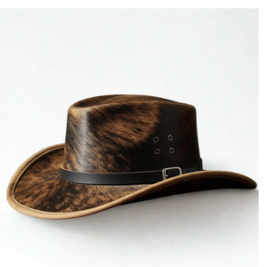 Fur Cowboy <b>Hat</b> Unisex Outdoor Spring Autumn Casual Adult 56-58CM Brown Patterned Wide Brim Leather <b>Band</b> - Product Image 3