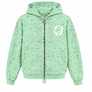 Sweat à capuche vert menthe avec fermeture éclair et perles, veste streetwear tendance à manches longues, sweat-shirt décontracté à capuche avec poches avant - Product Image 1