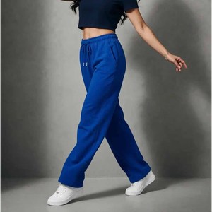 Pantalones Deportivos de Punto para Mujer, Color Azul, Pierna Ancha, Cintura Alta con Cordón, Corte Holgado Informal, Largos, Color Sólido - Product Image 2