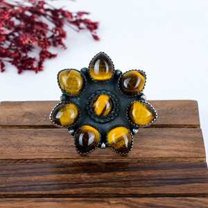 Tiger's Eye Flower <b>Statement</b> <b>Ring</b> 925 Sterling <b>Silver</b> Yellow Gemstone Boho Floral Jewelry Gift for Her - Product Image 1