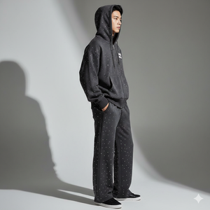 Conjunto de Sudadera con Capucha y Pantalones Deportivos Personalizados de Talla Grande, Ecológicos, con Pedrería, Cierre Completo, Bordado Desgastado, Estilo Urbano, Ranzia Industry - Product Image 3