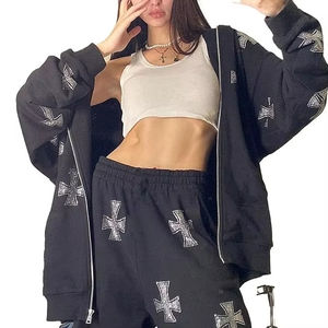 Conjunto de Sudadera con Capucha y Pantalones Deportivos con Estampado de Logotipo Personalizado para Mujer, con Pedrería y Lavado Ácido - Product Image 6