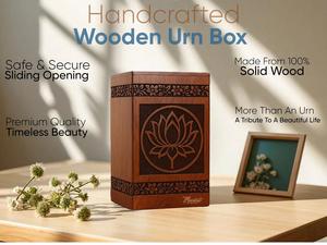 Handcrafted Wooden Lotus Cremation Urn Floral Carved <b>Memorial</b> Keepsake <b>Box</b> for human ashes medium size 9x5.5 urn <b>box</b> - Product Image 5