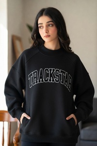 Womens Charcoal Grey Oversized <b>Mock</b> <b>Neck</b> Sweatshirt Trackstar Embroidery Heavyweight Fleece <b>Top</b> - Product Image 4