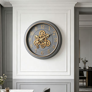 Moving gear wall <b>clock</b> 18 inch gray luxury rustic frame with <b>silent</b> vintage gold numbers for home décor - Product Image 3