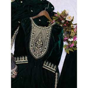 FANTAISIE VELOURS BRODERIE SEQUENCE TRAVAIL HAUT BAS AVEC DUPATTA VERT - Product Image 3