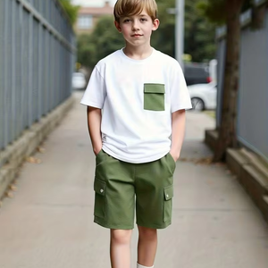 New Summer Collection Boys' Casual Cargo Shorts Set with White T-Shirt Green Multi-Pocket Shorts Print Pattern for Outdoor Use - Product Image 1