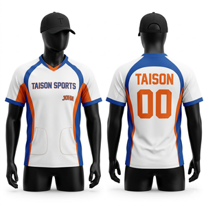 Camiseta de árbitro de hockey sobre césped transpirable de poliéster de 180 GSM, diseño de paneles en blanco, azul y naranja, impresión por sublimación personalizada, logotipo bordado. - Product Image 1