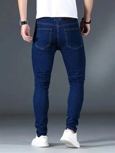 Pantalones vaqueros de algodón elásticos ajustados para hombre, nuevos, rasgados, casuales, negros, azules, de mezclilla, tipo lápiz, de color liso, de algodón tejido, de pierna recta - Product Image 3