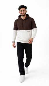 Men's Vintage Winter Brown <b>White</b> Color Block Hoodie Pullover <b>Sweatshirt</b> with Front Pocket Digital Printing - Product Image 3