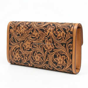 Cartera de mano de cuero repujado estilo western, hecha a mano, con grabado floral, tipo pulsera, para mujer, con cierre de botón a presión, para uso diario - Product Image 2