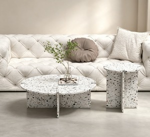 Modern Terrazzo <b>Coffee</b> <b>Table</b> <b>Set</b> Minimalist Living Room Furniture Concrete Side <b>Table</b> <b>Nesting</b> Design White Speckled Finish - Product Image 1