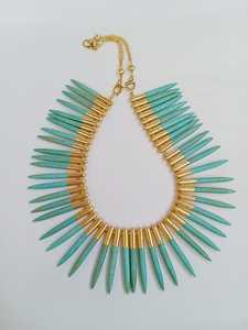 Boho Handmade Turquoise Spike Beaded <b>Statement</b> <b>Necklace</b> Gold Plated Brass & Stone Unisex Party Jewelry - Product Image 1