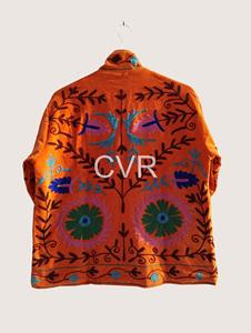 Chaqueta Bohemia con Cuello Mandarín, Bordado Floral, Manga Larga, Cierre de Cremallera, Color Naranja, Ropa Exterior para Mujer, Estilo Casual de Otoño - Product Image 2