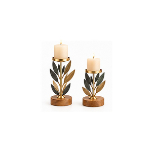 <b>Black</b> Hammered Metal <b>Candlestick</b> <b>Holder</b> Set with Gold Trim and Wood Base for Home Decoration - Product Image 4