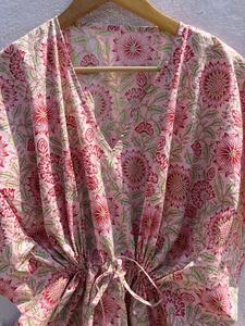 Pink Floral Cotton <b>Kaftan</b> Dress for Women V-neck Batwing Sleeves Printed <b>Beach</b> Cover Boho Resort Wear Regular Fit Summer Maxi - Product Image 6