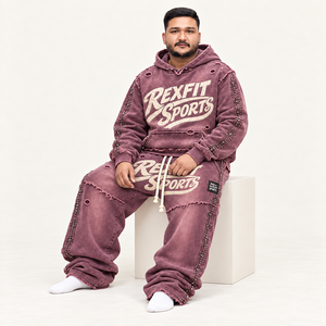 REXFIT SPORTS unisex Hooded Sweatshirt Set Acid Wash Purple Street Style Two Piece <b>Tracksuit</b> <b>winter</b> wear Cotton Fleece - Product Image 2