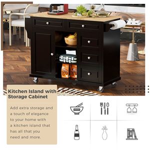 Isola da Cucina Mobile su Ruote da 53 Pollici con Spazio di Archiviazione e 5 Cassetti, Carrello da Cucina con Piano in Legno di Gomma - Product Image 3