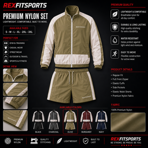 ชุดแจ็คเก็ตและกางเกงขาสั้นไนลอนผู้ชายแบบสั่งทำพิเศษ REXFIT SPORTS 2026 สีสันสดใส น้ำหนักเบา เหมาะสำหรับออกกำลังกายที่ยิมและสวมใส่ลำลอง - Product Image 1