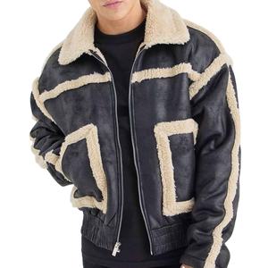 แจ็คเก็ตหนังแกะผู้ชายดีไซน์หรูหรา พร้อมจำหน่ายแบบ OEM กันน้ำ ขนเทียม คอขนแกะ แจ็คเก็ตบอมเบอร์หนังกลับ - Product Image 3