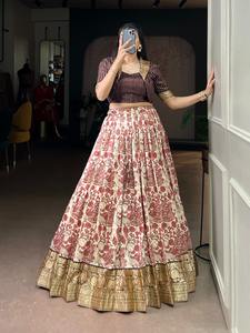 Handcrafted Tasar Silk Printed With Viscose Border Lehenga Choli - Product Image 2