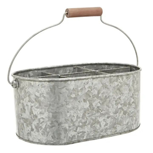Organizador de cubiertos ovalado de acero galvanizado estilo rústico con 6 compartimentos y asa de madera para cocina y comedor - Product Image 1