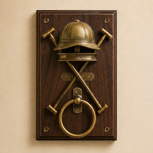 Porte-serviettes mural décoratif en métal d'inspiration équestre, avec un casque d'équitation antique doré détaillé et un polo croisé - Product Image 1