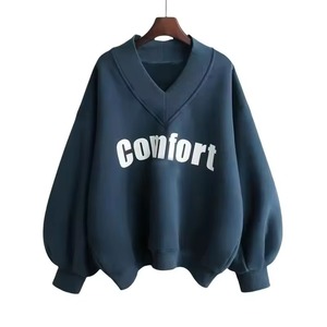 Sudadera oversize de algodón con cuello en V para mujer, tipo jersey, venta al por mayor, sudaderas con capucha cortas, sudaderas/suéteres con cuello en V - Product Image 2