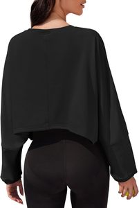 Sweat-shirt court à manches chauve-souris surdimensionné pour femme, noir uni, respirant, tricoté, à manches longues, col rond, pour l'été - Product Image 5