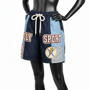 Shorts coupe-vent légers en polyester 130 GSM, bleu marine clair, avec broderie et patch personnalisés, logo sur mesure, pour femmes. - Product Image 5