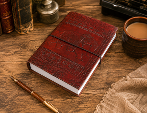 Designer Handcrafted Embossed Brown Leather Hardcover <b>A6</b> Loose-Leaf Gift Journal 120 Sheets for Office School College Use - Product Image 1