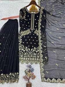 Conjunto de Kurti y Palazzo Negro Bordado, Salwar Kameez de Georgette Sintética con Dupatta para Bodas y Fiestas, para Mujer - Product Image 4