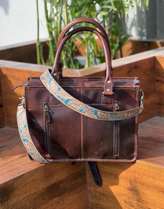 New Real Hand <b>Tooled</b> Floral Turquoise Print Leather <b>Tote</b> <b>Bag</b> New Western Stylish <b>Tooled</b> Leather Hot Turquoise Clutch Combo Set - Product Image 5