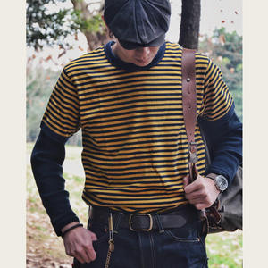 T-shirt à manches courtes rayé pour homme, coupe classique, col rond, en coton tricoté, décontracté, avec bordure contrastée - Product Image 2