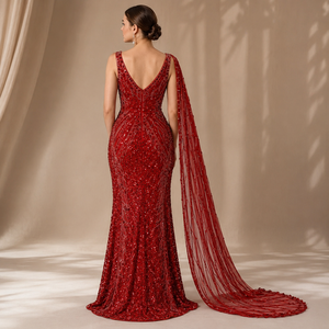 Luxury Red <b>Sequin</b> Mermaid Evening Gown Women Designer Formal Party Dress Elegant Wedding Reception Prom Maxi Natural Embroidery - Product Image 4