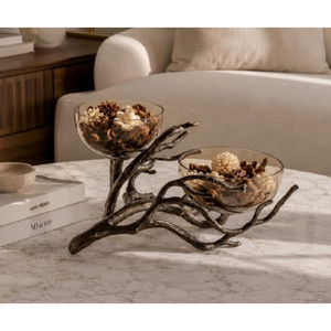 Cuenco Decorativo de Vidrio Ahumado de Lujo Hecho a Mano con Borde Dorado, Base de Bronce con Diseño de Rama de Árbol, Esferas de Relleno para Centro de Mesa de Boda - Product Image 2