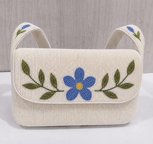 Bolso Rectangular de Poliéster Bordado con Cuentas de Vidrio y Diseño Floral con Flores Azules y Hojas Verdes, Lavable para Uso Diario - Product Image 1